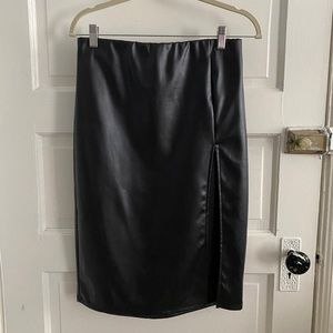 Faux leather midi skirt with high slit